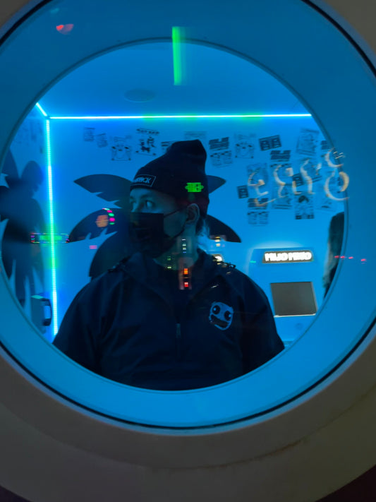 Moonrock through a window at Meow Wolf Denver